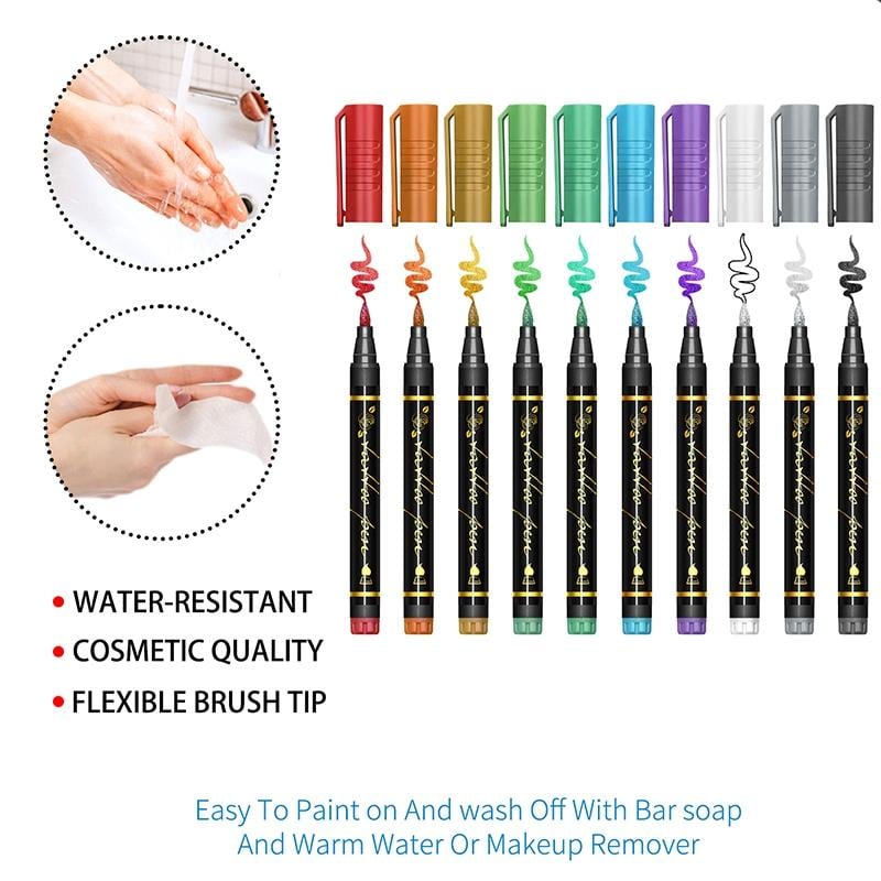 Temporary Tattoo Markers Set(10 PCS)— Skin-Safe, Waterproof & Easy-Wash Body Art Pens