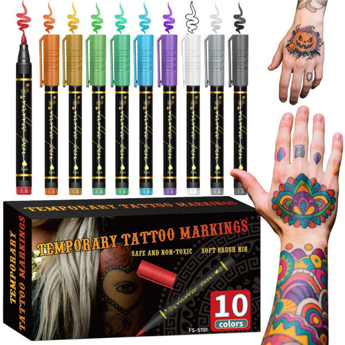Temporary Tattoo Markers Set(10 PCS)— Skin-Safe, Waterproof & Easy-Wash Body Art Pens